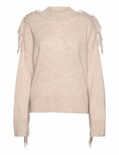 Boxy O-neck Sweater Fringes Davida Cashmere Beige