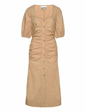 Cotton Poplin Gathered Open-neck Maxi Dress Ganni Beige
