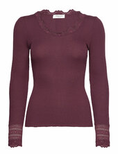 Rwbenita Silk Ls O-neck Lace T-shir Rosemunde Burgundy