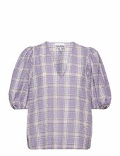 Seersucker Check V-neck Blouse Ganni Purple