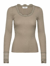 Rwbenita Silk Ls O-neck Lace T-shir Rosemunde Khaki