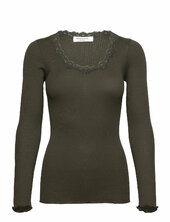 Rwbabette Silk Ls U-neck Lace T-shi Rosemunde Khaki