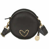 Style Opal I Sort. Unik Slingbag Lædertaske Til Skulder - Eller Crossbody. 100% Rund Taske Med Hjerte I Guldnitter., Klassisk Læderrem