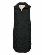 Knee-length Quilted Waistcoat With High Collar. The Waistcoat Buttons Down The F Free/quent Black