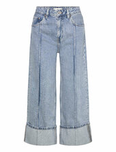 Wide Leg Cropped Jeans With Turned-up Hem Mango Blue